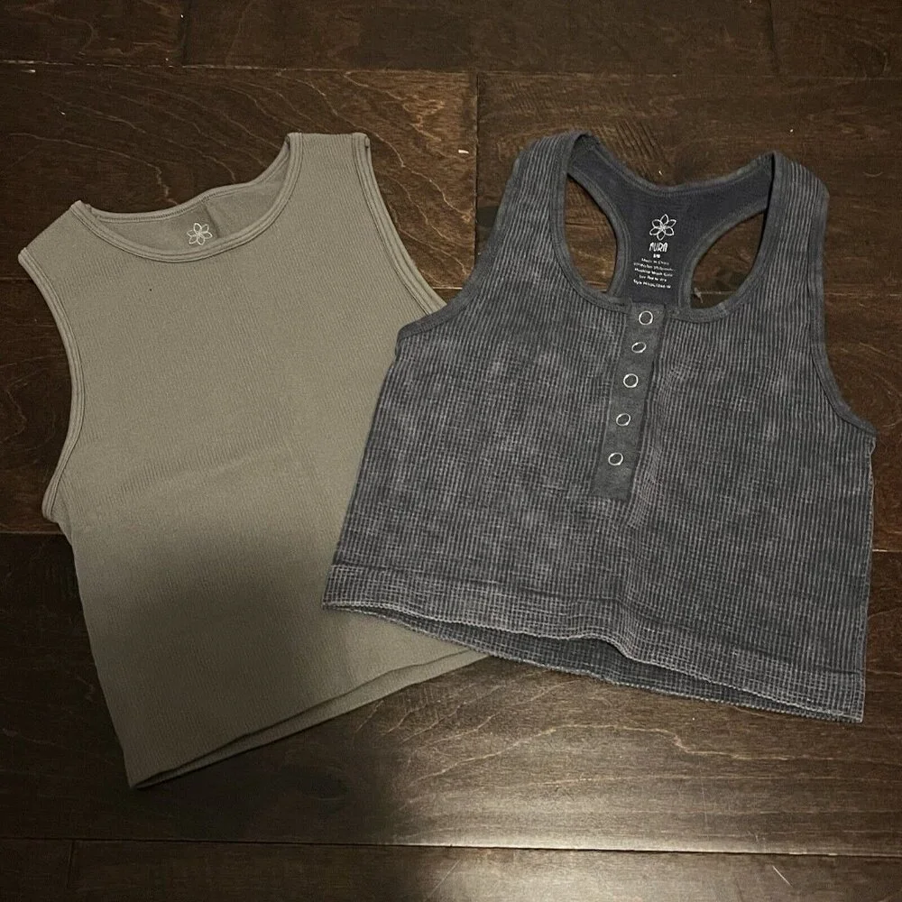 Aura Set Of 2 Ribbed Cropped Tops Size Small Gray & Taupe - Picture 1 of 5